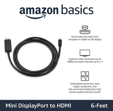 Amazon Basics Cable Mini DisplayPort macho a HDMI macho, 1080p, conectores chapados en oro, 6 pies, negro para computadora personal