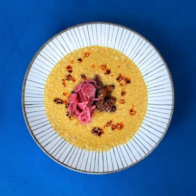 Lentil Soup with Pickled Onions and Balsalmic Tomatoes