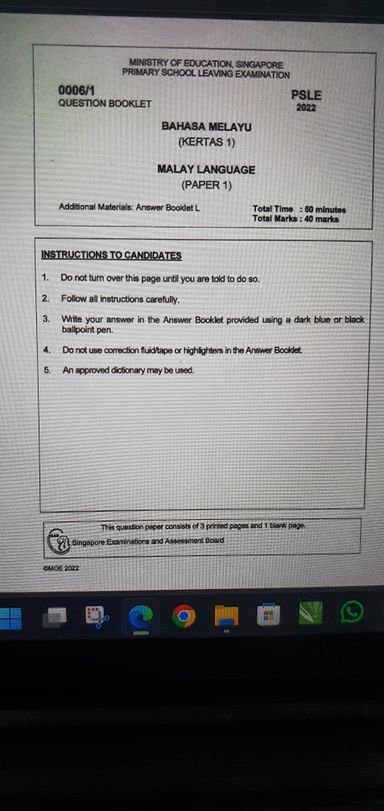 PAST PSLE PAPERS (PHYSICAL COPY) STANDARD LEVEL. ENGLISH, MATHS, SCIENCE AND MALAY!