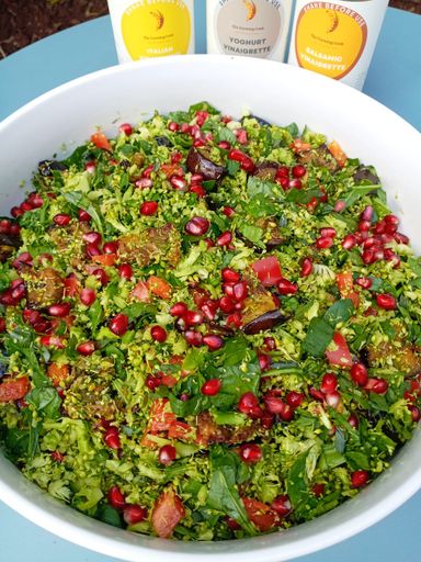 Broccoli Rice, Aubergine and Pomegranate Salad