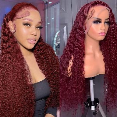 Burgundy Lace Front Wig Human Hair 99J 13x6 Deep Wave Lace Front Wigs Human Hair Pre Plucked 180 Density Red Colored Curly Glueless Human Hair Wig for Women with Baby Hair (26 inch)