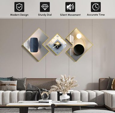 Large 3pcs Geometric Wall Clock with Silent Movement, Modern Decorative clocks Set with Canvas Painting, Creative Wall Decor for Living Room Home Office 