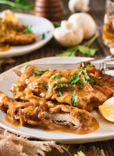 Chicken Schnitzel with mushroom sauce and Sweet Potato Mash