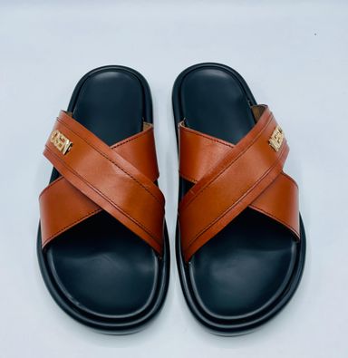 Mens Cross-Strap Leather Slides