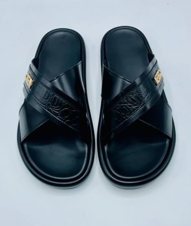 Mens Cross-Strap Leather Slides