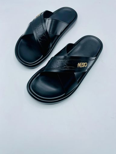 Mens Cross-Strap Leather Slides