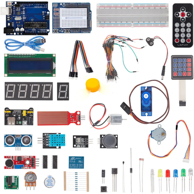 Electronics Super Starter Kit microcontroller board, power supply module, servo, step and direct current motors sensor kit compatible with arduino