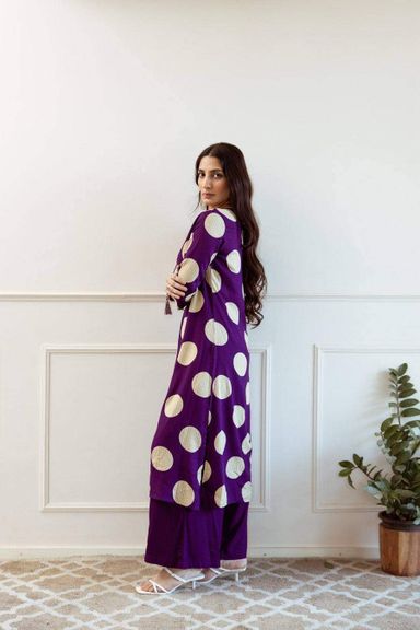 Purple Polka Cotton Kurta Pant Set