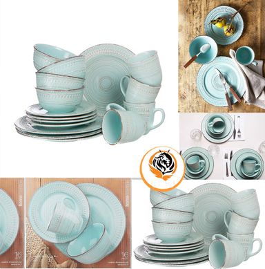 16PCS Aqua Nordic Style Ceramic Dinner Set – Elegant Stoneware 🍽️🖤 