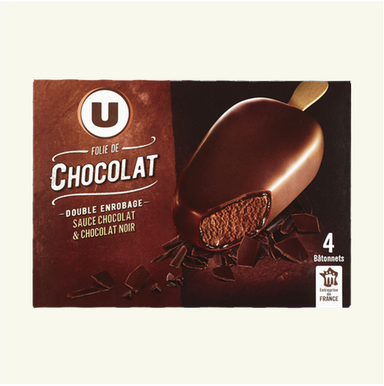 U Glace Chocolat, Enrobage Sauce Chocolat et Chocolat Noir, 4 bâtonnets