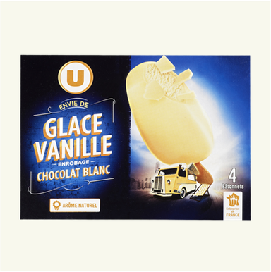 U Glace Vanille, Enrobage Chocolat Blanc, 4 bâtonnets