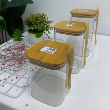 GLASS WOODEN JAR SQUARE WITH SPOON
