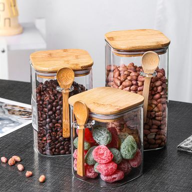 GLASS WOODEN JAR SQUARE WITH SPOON