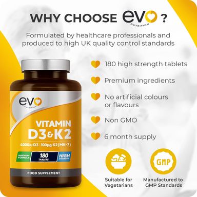 Vitamin D3 4000iu & Vitamin K2 100ug (MK7) |180 D K Vegetarian Tablets | 1-A-Day | 6 Month Supply | High Strength | Vitamin D K2 Supplement | Made in The UK | Cholecalciferol & Menaquinone