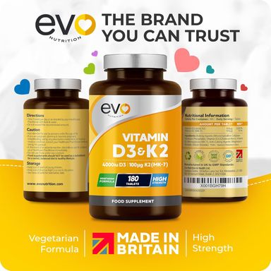 Vitamin D3 4000iu & Vitamin K2 100ug (MK7) |180 D K Vegetarian Tablets | 1-A-Day | 6 Month Supply | High Strength | Vitamin D K2 Supplement | Made in The UK | Cholecalciferol & Menaquinone