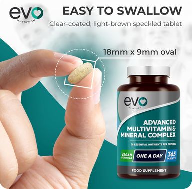 EVO NUTRITION Multivitamins & Minerals - 365 Vegan Multivitamin Tablets | 1 Year Supply | Multivitamin Tablets for Men & Women with 26 Essential Active Vitamins & Minerals | Made in The UK