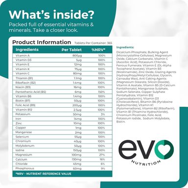 EVO NUTRITION Multivitamins & Minerals - 365 Vegan Multivitamin Tablets | 1 Year Supply | Multivitamin Tablets for Men & Women with 26 Essential Active Vitamins & Minerals | Made in The UK