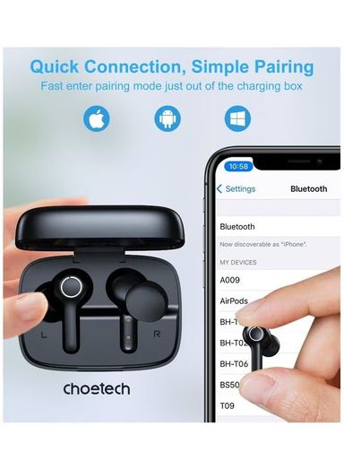 Choetech Choebuds Pro TWS ANC ENC Earphone, 6 Mics, Big Bass, Clear Calls, Multi-Mode Noise Cancelling IPX7 Water-Resistant,Black + 18
