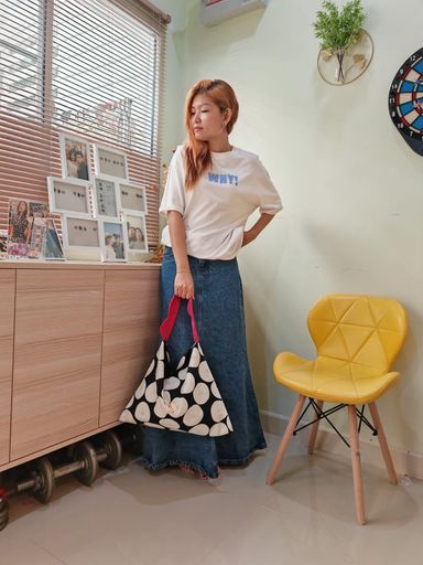 Reversible hobo bag - Black & white polka dot with pink strap
