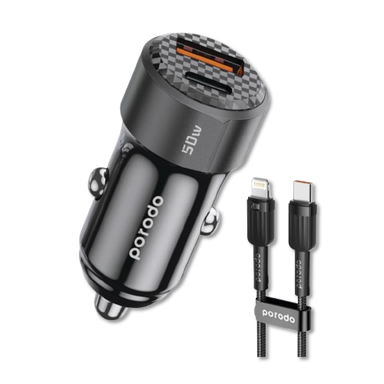 Porodo 50W Dual Port Car Charger PD 20W QC 30W with C to Lightning Cable