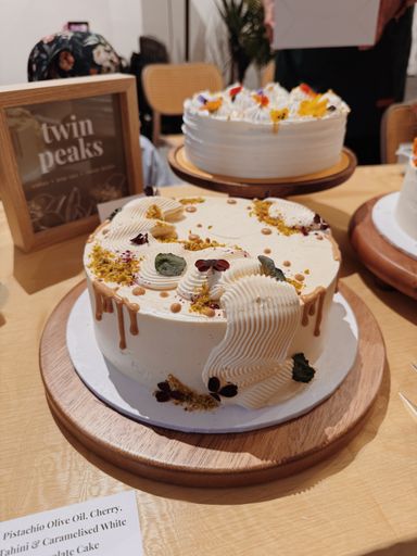 Pistachio Olive Oil, Cherry & Tahini Cake