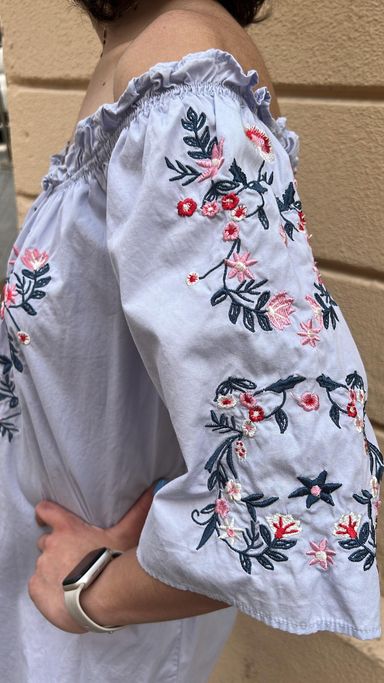 Embroidered Off-Shoulder Smocked Dress