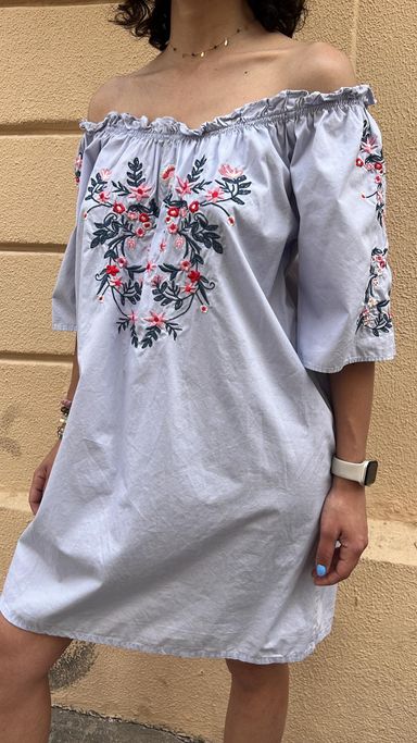 Embroidered Off-Shoulder Smocked Dress