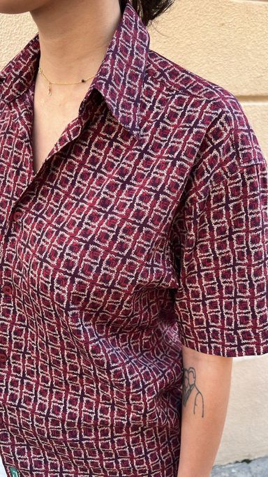 Dark Red & Black Square Pattern Short Sleeve Shirt