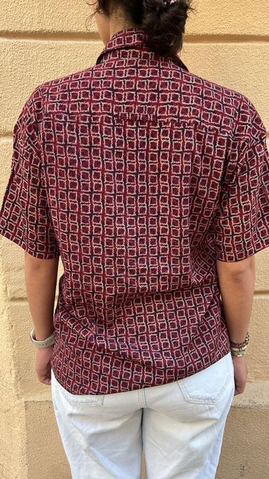 Dark Red & Black Square Pattern Short Sleeve Shirt