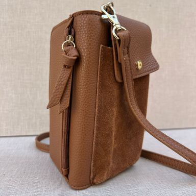 Brown Suede & Leather Cell Phone Crossbody Bag with Card Slots