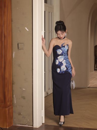 Folklore Cheongsam in Midnight with Peacock 