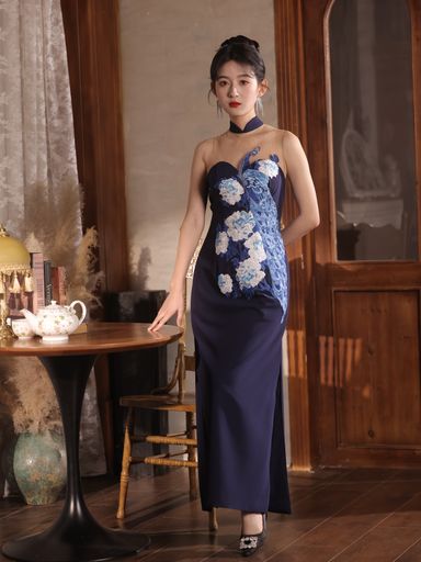 Folklore Cheongsam in Midnight with Peacock 