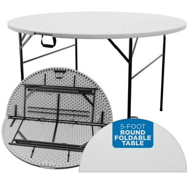 Round Folding Table, Round, White Plastic 5Ft