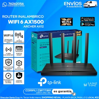 Tp Link / ARCHER AX12 / ROUTER WIFI 6 NU-MIMO / 4 ANTENAS / 1.5 GBPS DUAL BAND