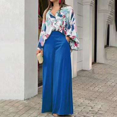 2Piece Set New 2022 Printed Casual Suit Loose Large Lapel Shirt High Waist Flare Pants Two Piece Set