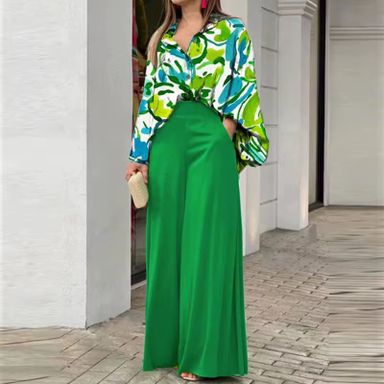 2Piece Set New 2022 Printed Casual Suit Loose Large Lapel Shirt High Waist Flare Pants Two Piece Set