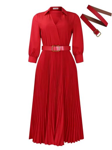 Wholesale Ladies Long Dress With Belt Women's Clothing Party Pleated Dress Long Sleeve Women's