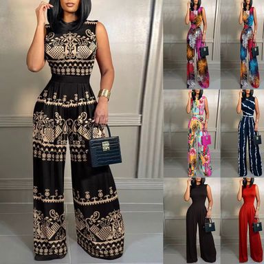 BYJ252 Hot Selling Plus Size One Piece Jumpsuit Women Slim Fit Printed Sleeveless Wide Leg Jumpsuit for Women 