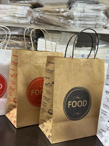 DELIVERY CARRIER BAGS - GENERIC DESIGN / “FOOD TO GO” BROWN & RED - 2 SIZES ( WITH HANDLES) 