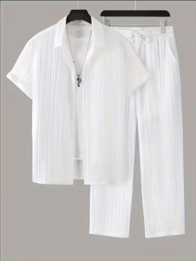 2025 Summer Men Striped 2 Piece Set Suits Short Sleeve Tops Long Pants Lapel Button Elastic Waist Trousers Tracksuit