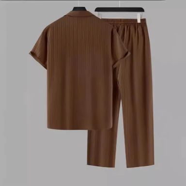 2025 Summer Men Striped 2 Piece Set Suits Short Sleeve Tops Long Pants Lapel Button Elastic Waist Trousers Tracksuit