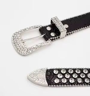 Punkrock Crystal Belts with Skull Buckle Set. Rhinestone Belt for Lady and Men Diamond PU Leather Y2K Belt