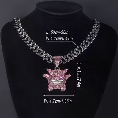 Hip Hop Bling Cartoon Ghost Charms Gengar Pendant Necklace Cuban Chain Diamond Red Eye Fun Gengar Miami Mens Jewelry Gift