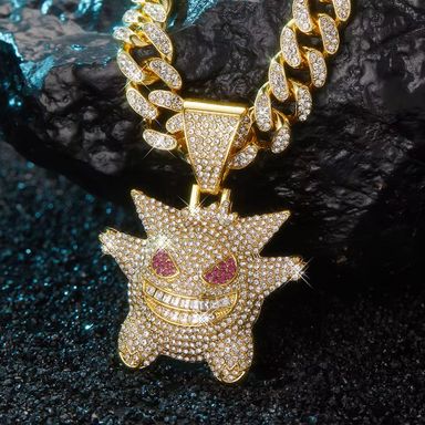 Hip Hop Bling Cartoon Ghost Charms Gengar Pendant Necklace Cuban Chain Diamond Red Eye Fun Gengar Miami Mens Jewelry Gift