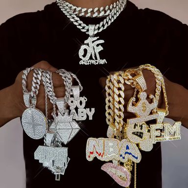 Factory Wholesale HipHop Iced Out High Quality Fashion Letter Pendant Rap Cuban Chain Necklace Set Jewelry Sets New Year Gift