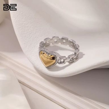 DE Classic Niche Trendy Fashion Stainless Steel 18K Gold Plating PVD Non-Tarnish Zircon Watch Band Heart Ring for Women