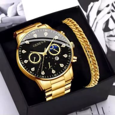 Y902 Latest Diamond Watch and Chain Set for Men Date Gold 2pcs Steel Luxury Men's Business Watches & Bracelet