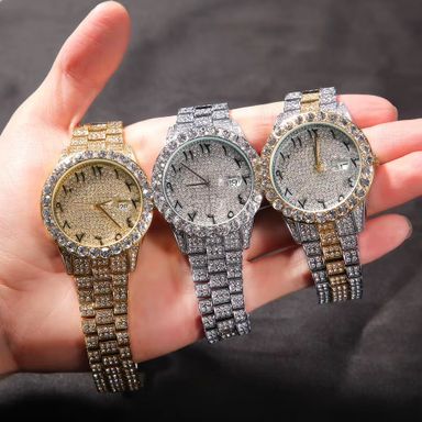 Full Diamond Luxury Watch Men Hip Hop Iced Out Watch Men Gold Quartz Swash Digital Large Dial Stainless Steel Relogio