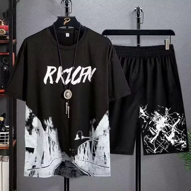 Men's Summer T-shirt Suit Casual Thin Print Sports Jogger Short Sleeve Top Shorts 2 Piece US Men One Outfit Sportswear 2Pcs Set