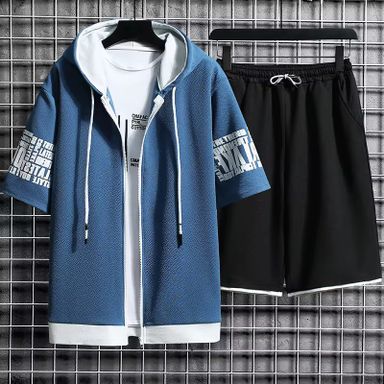 2025 Summer New Hooded Casual Loose Sports Top Shorts Two-piece Set Men's Cardigan Sweatshirt Set